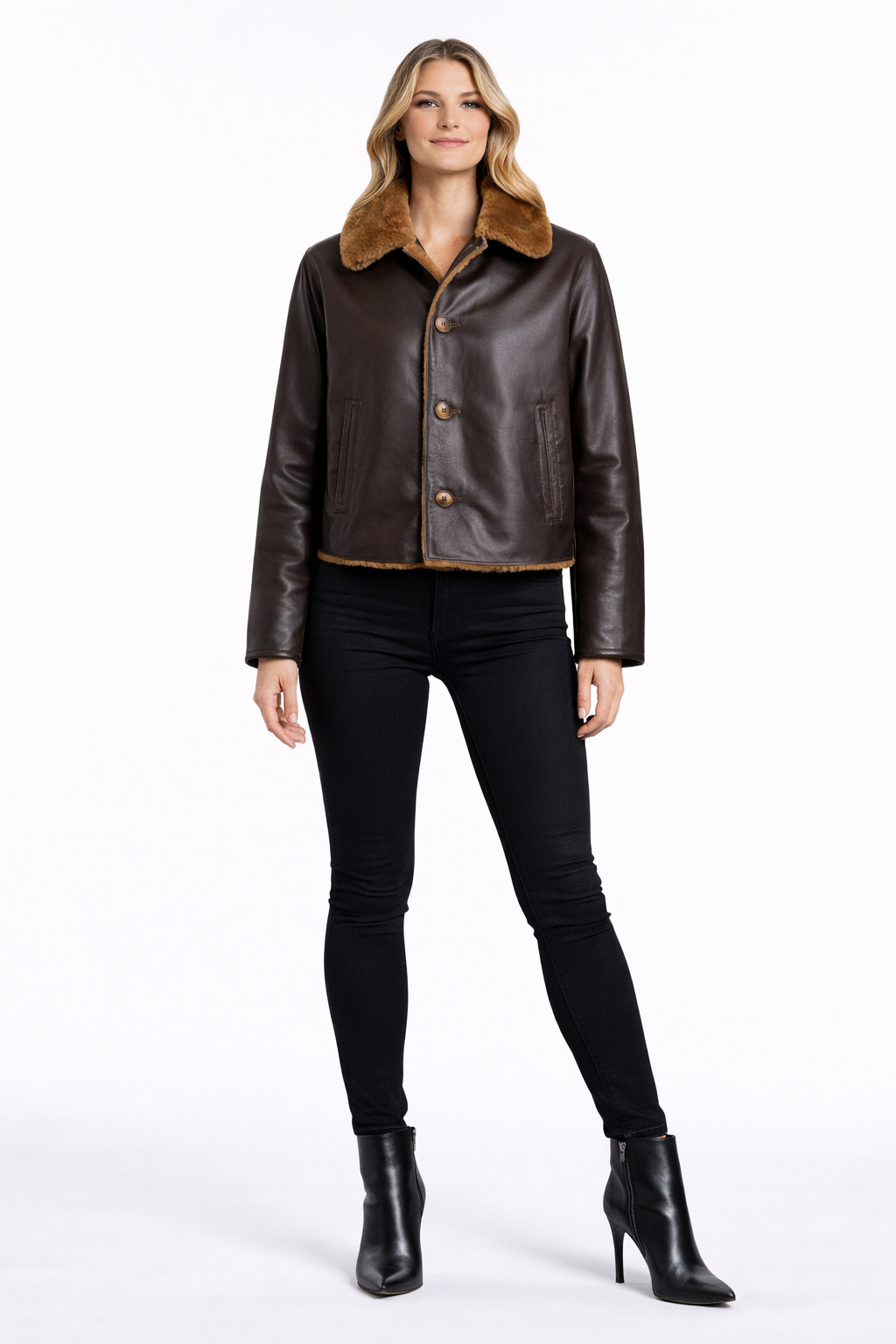 WOMEN'S FUR-LINED BROWN LEATHER JACKET