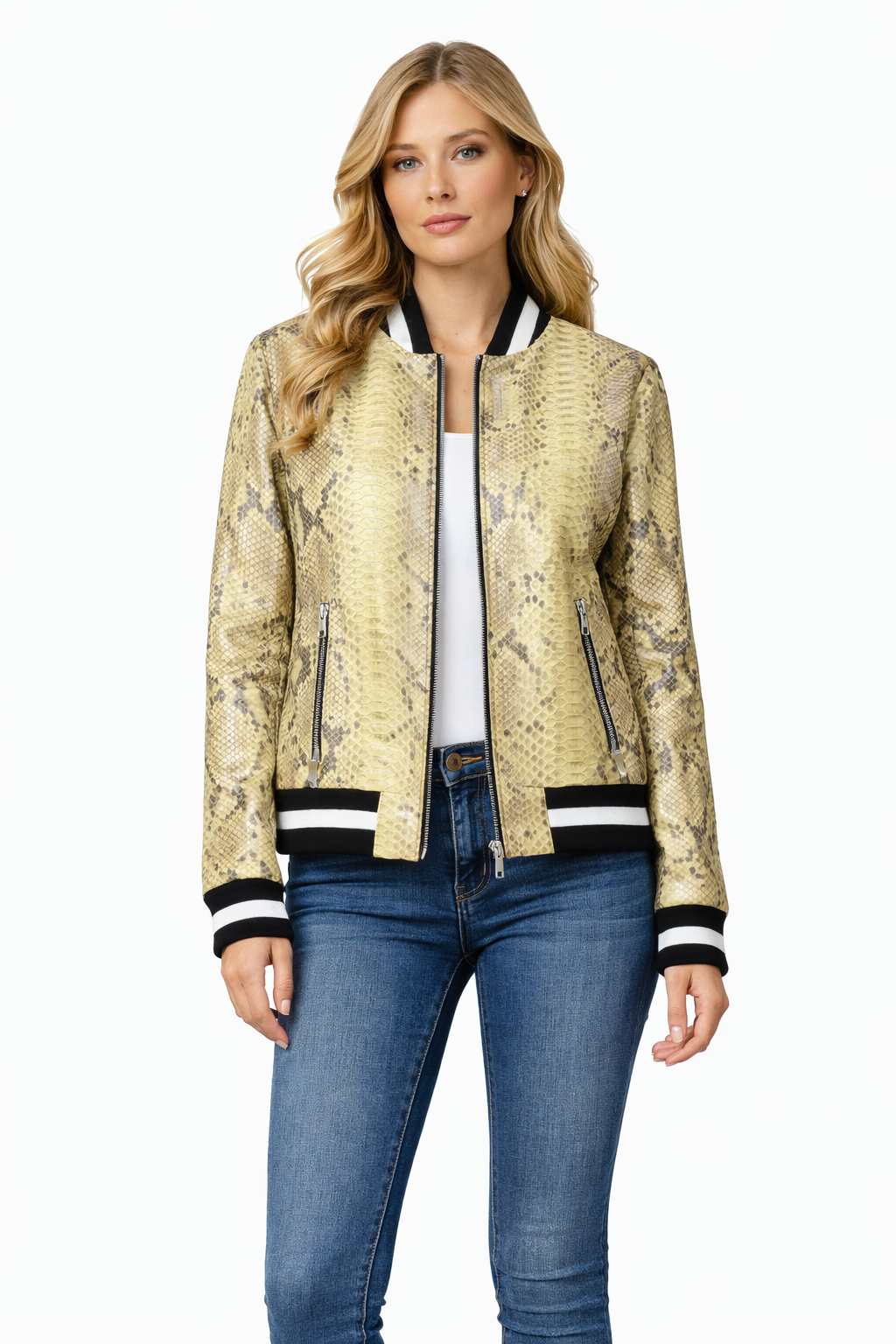Yellow Lamb Python Print Women College Leather Jacket