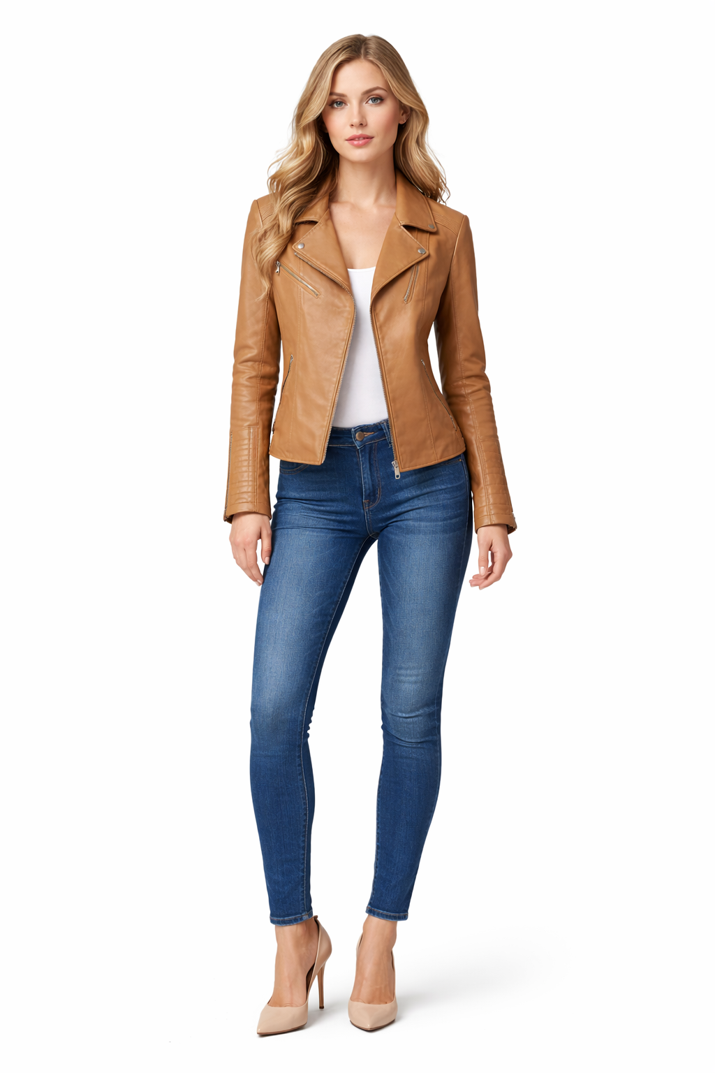 Perfecto Light Brown Lamb Leather Women Biker Leather Jacket-Brest