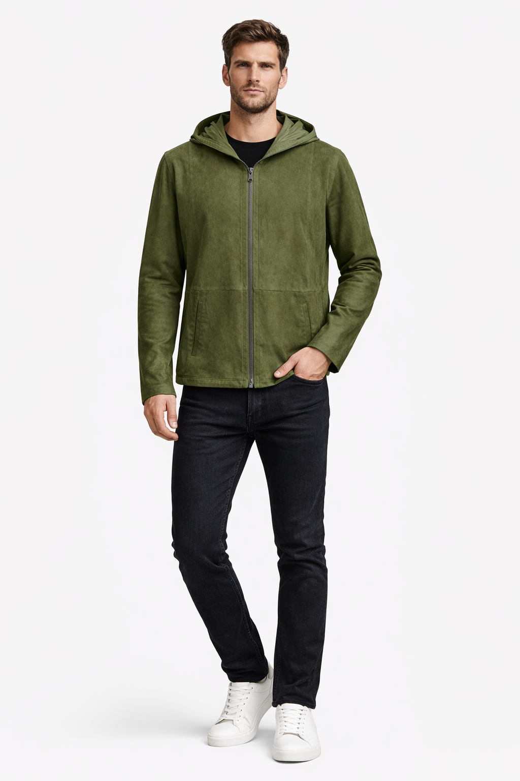 Reverseble Leather and Suede Hooded Jacket for Men