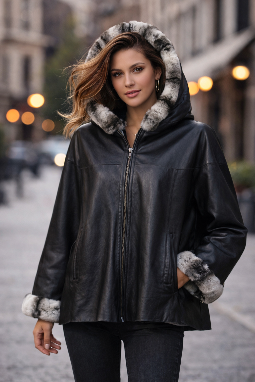 Lamb Leather Black Leather Jacket With Rex Fur for Women
