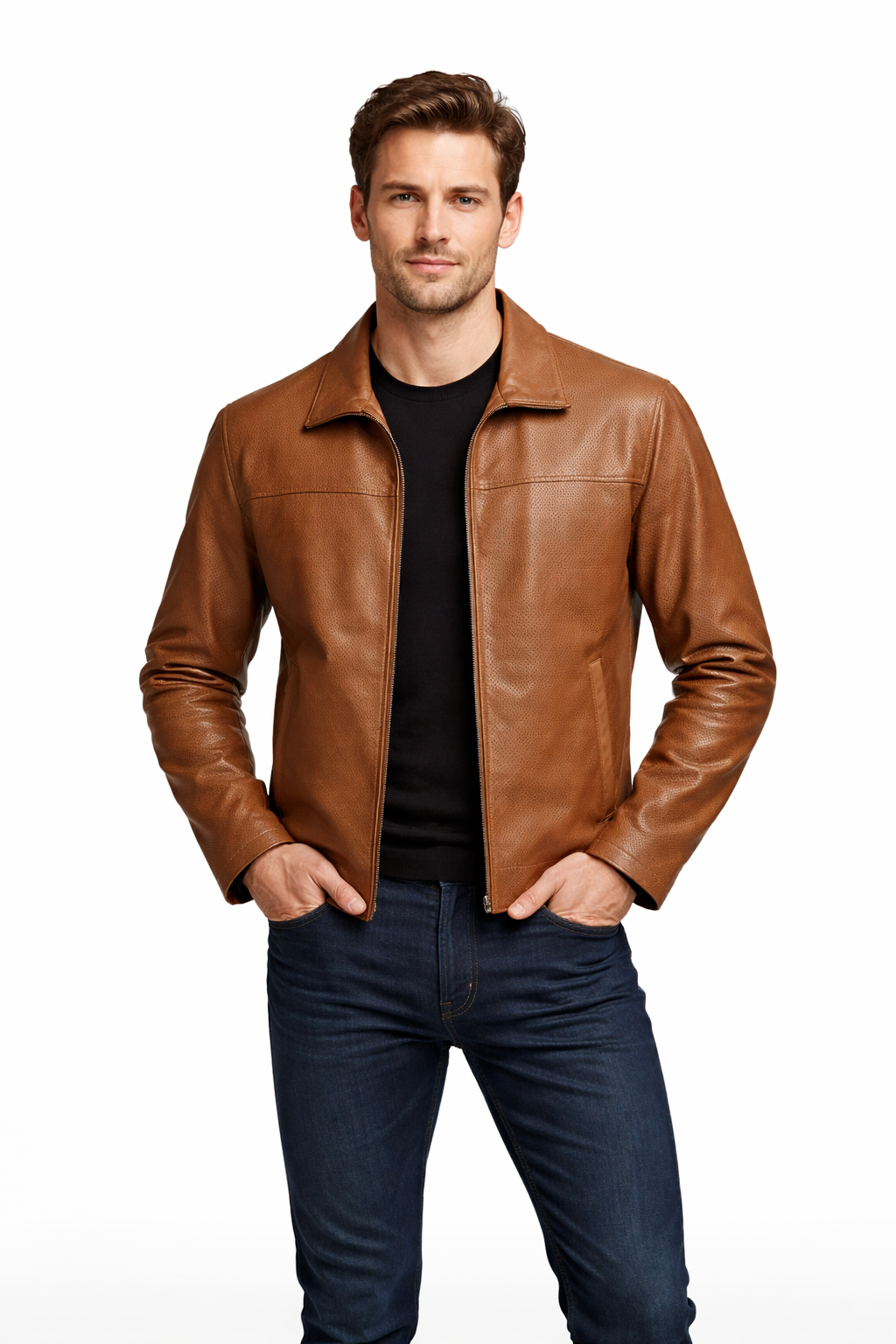 Reversble Lamb Leather and Windproof Fabric Brown Jacket for Men