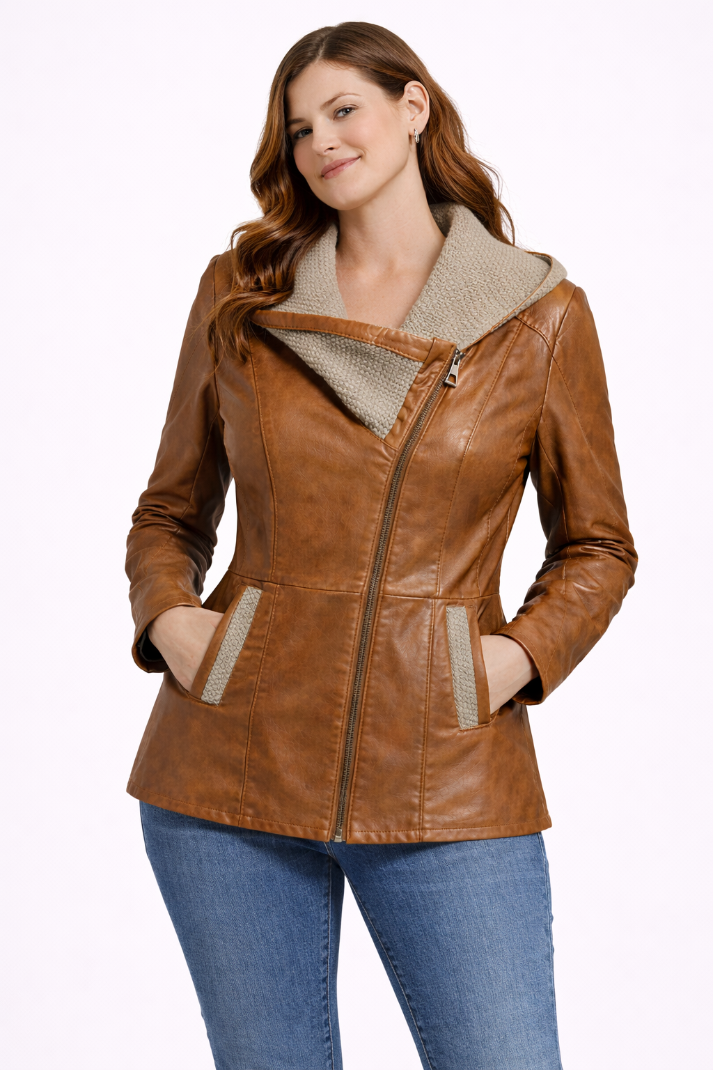 Camel Brown Zipper Women Leather Jacket