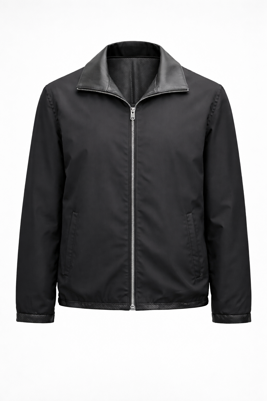 Reversble Lamb Leather and Windproof Fabric Black Jacket for Men