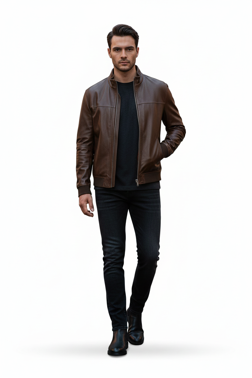 BROWN GENIUNE LEATHER MEN'S JACKET