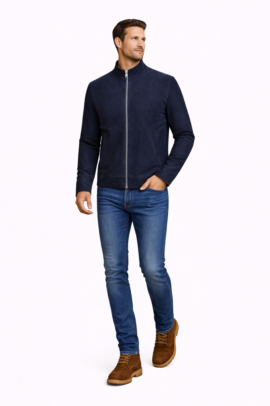 Lamb Leather Navy Blue Suede Jacket for Men