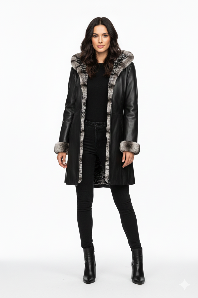 Lamb Leather Black Leather with Rex Fur Jacket for Women Long Model