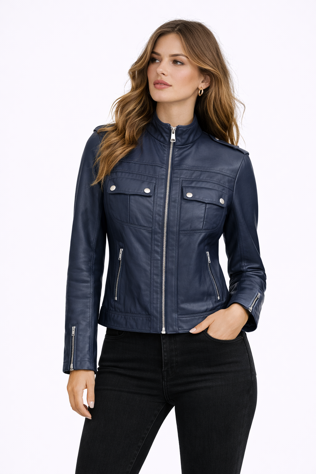 Lamb Leather Navy Leather Jacket for Women