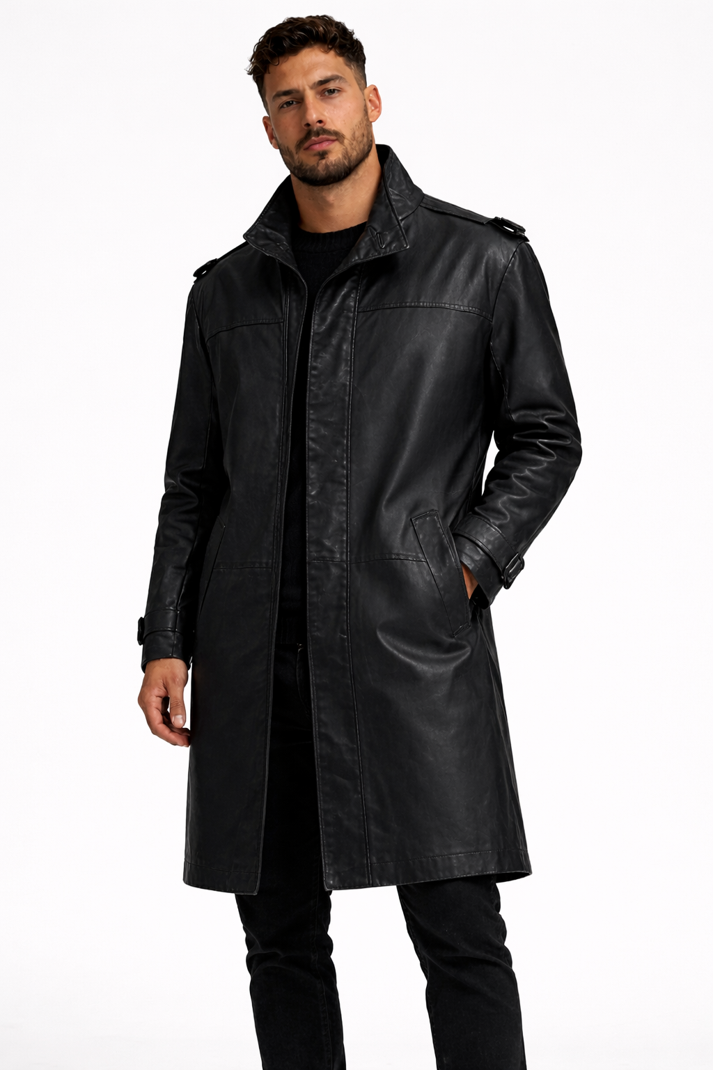 Lamb Leather Black Long Leather Jacket for Men