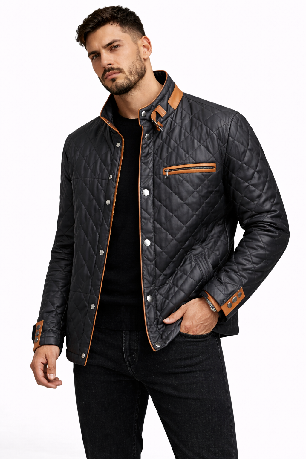 Lamb Leather Black and Brown Leather embroidered jacket for Men