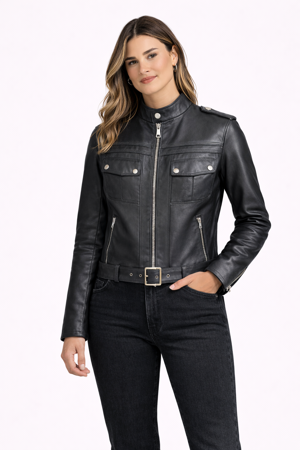 Lamb Leather Black Sportive Leather Jacket for Women