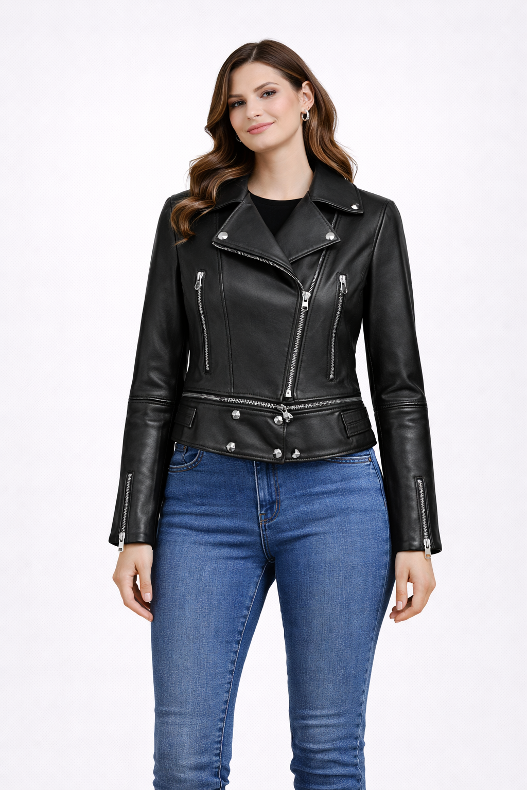 Black Zig Lamb Leather Zipper Motorcycle Women Jacket