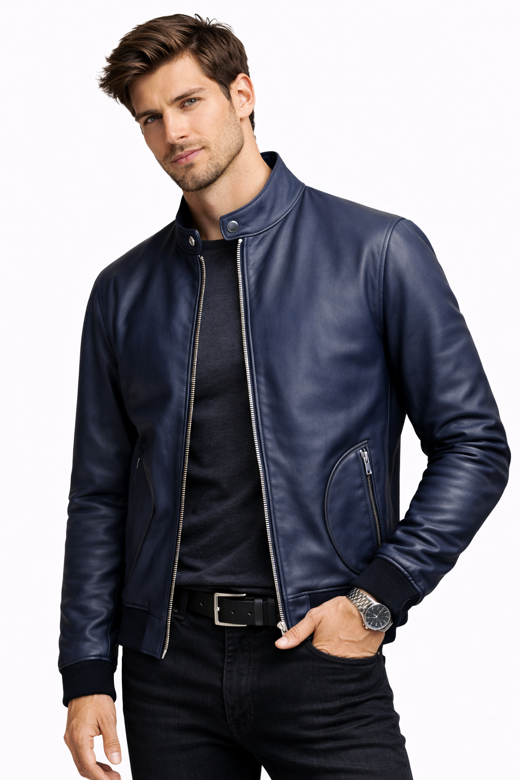 Lamb Leather Navy Blue Leather Jacket for Men
