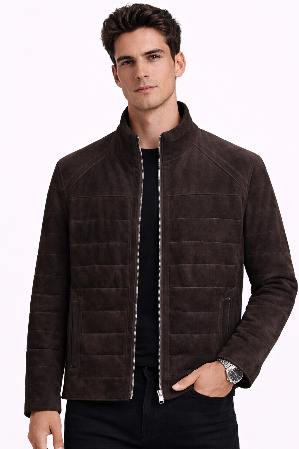 Lamb Leather Dark Brown Suede Jacket for Men