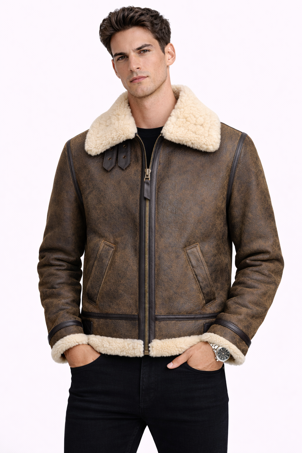 Lamb Leather and Fur Brown Jacket for Men
