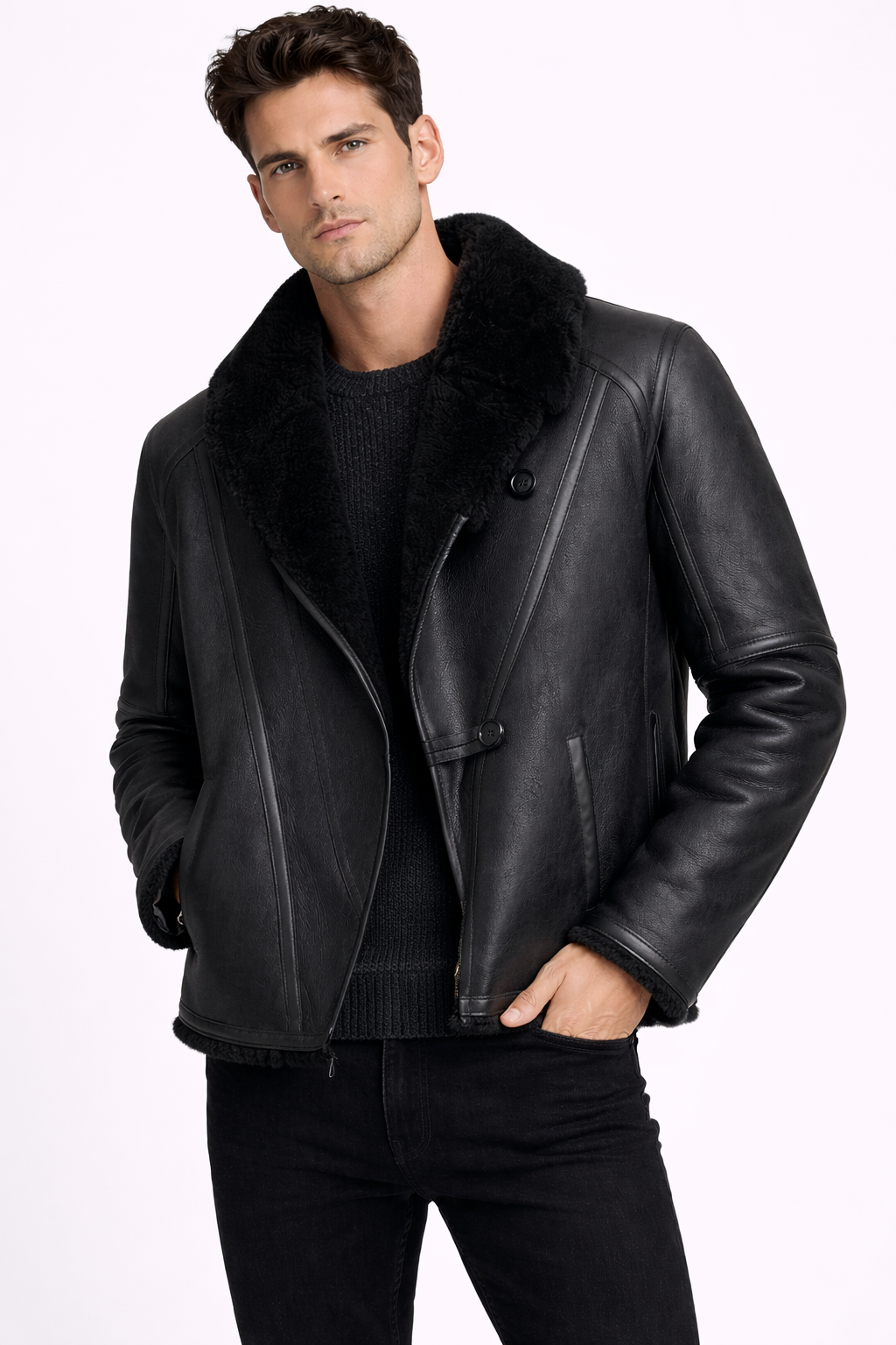 Lamb Leather and Fur Black Jacket for Men