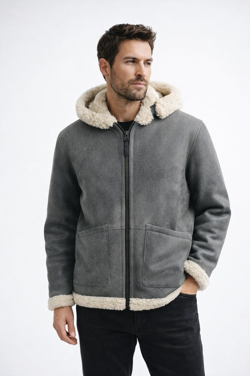 Grey Fur Leather Jacket for Men