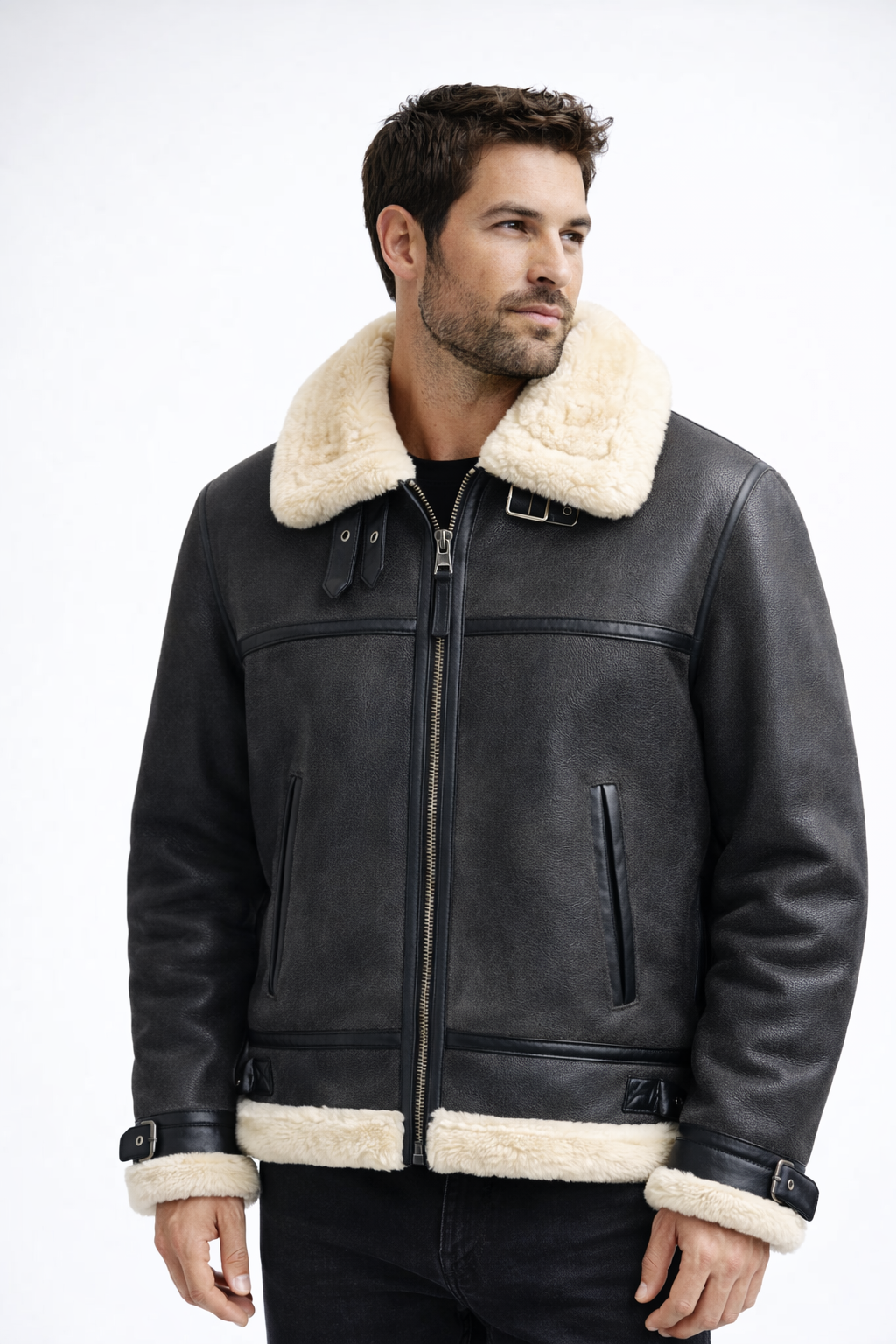 Fur Leather Black Jacket for Men