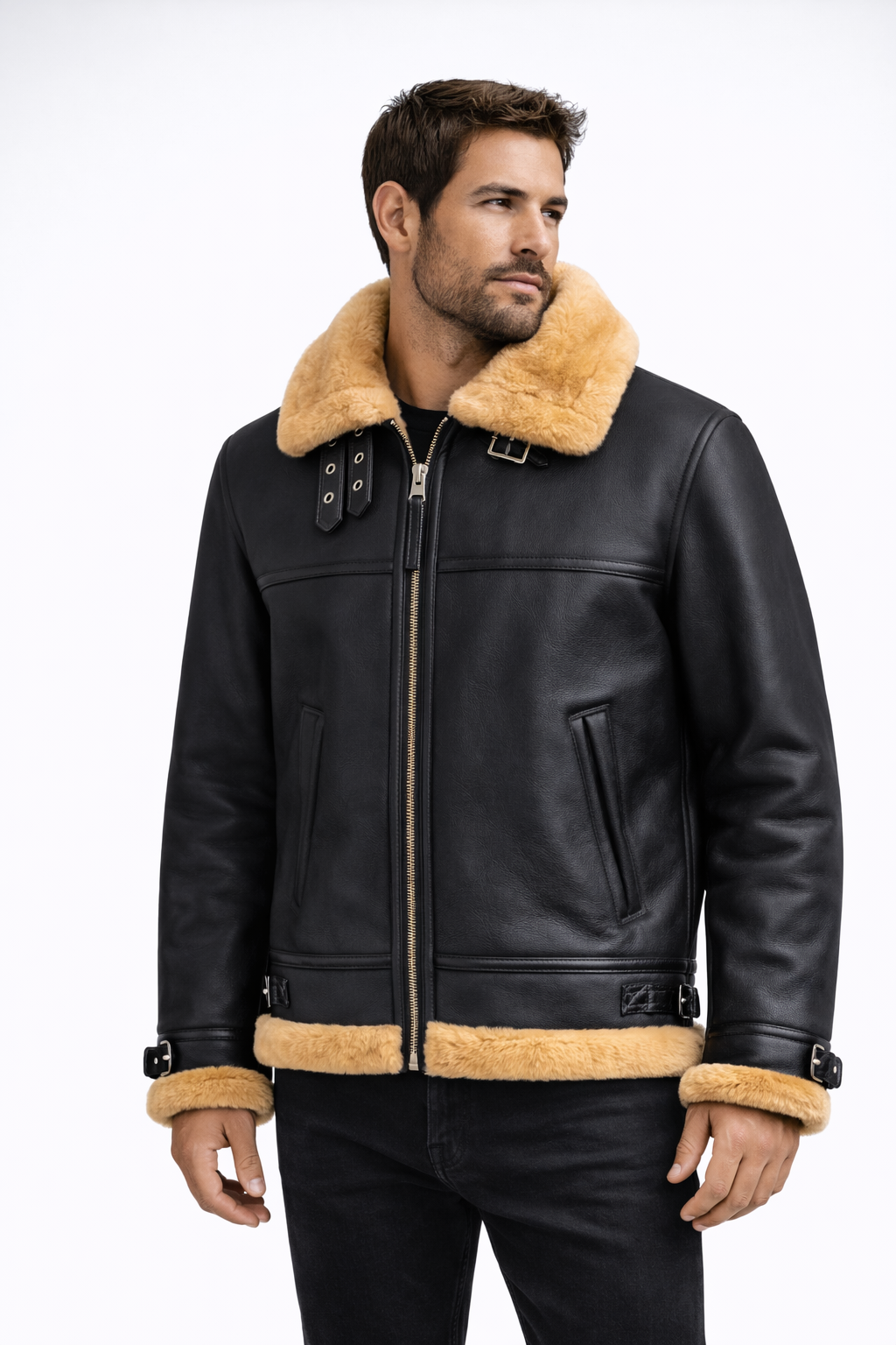 Black Fur Leather Jacket for Men