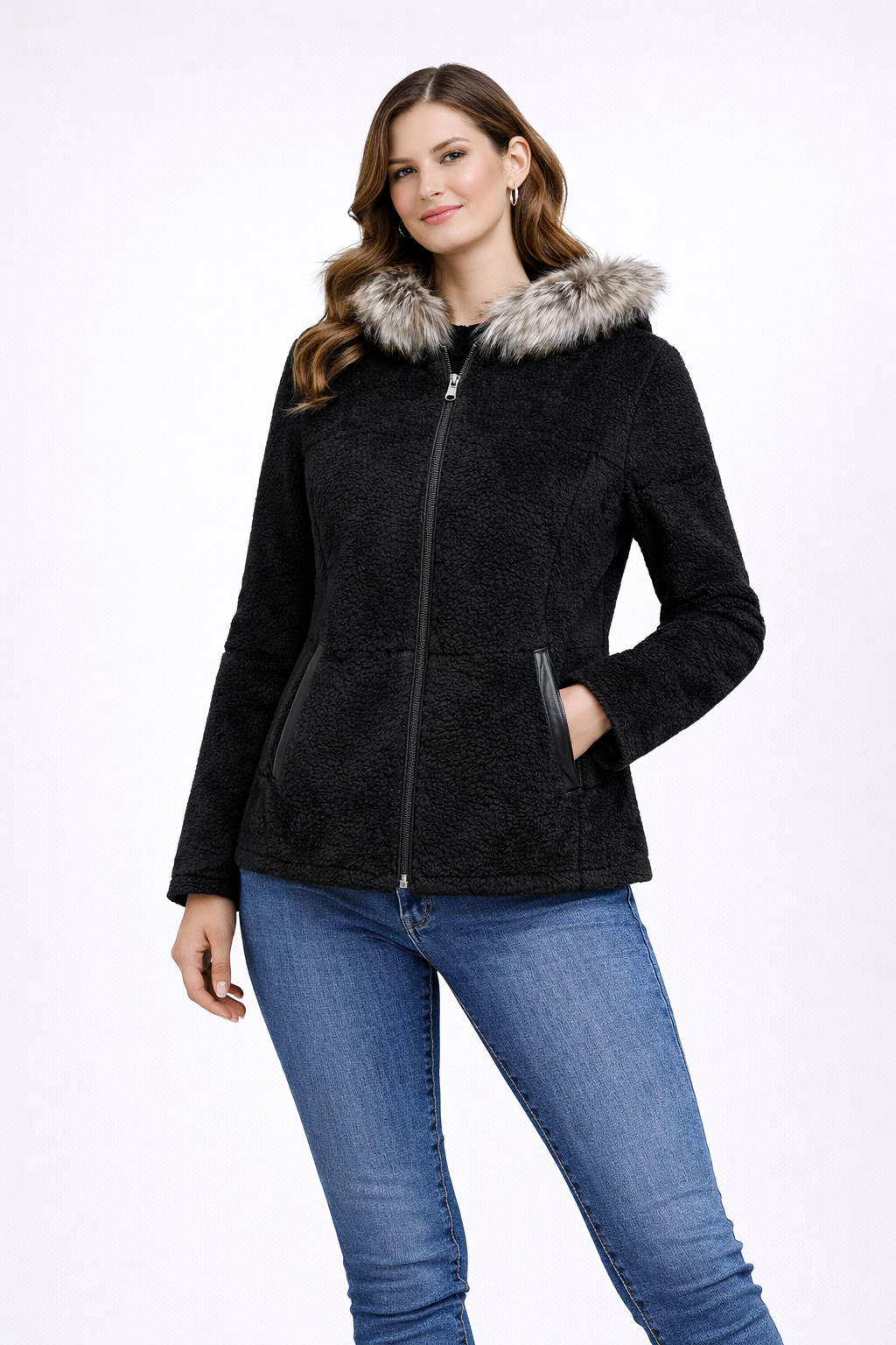 Black Full Fur hooded Women Leather Jacket