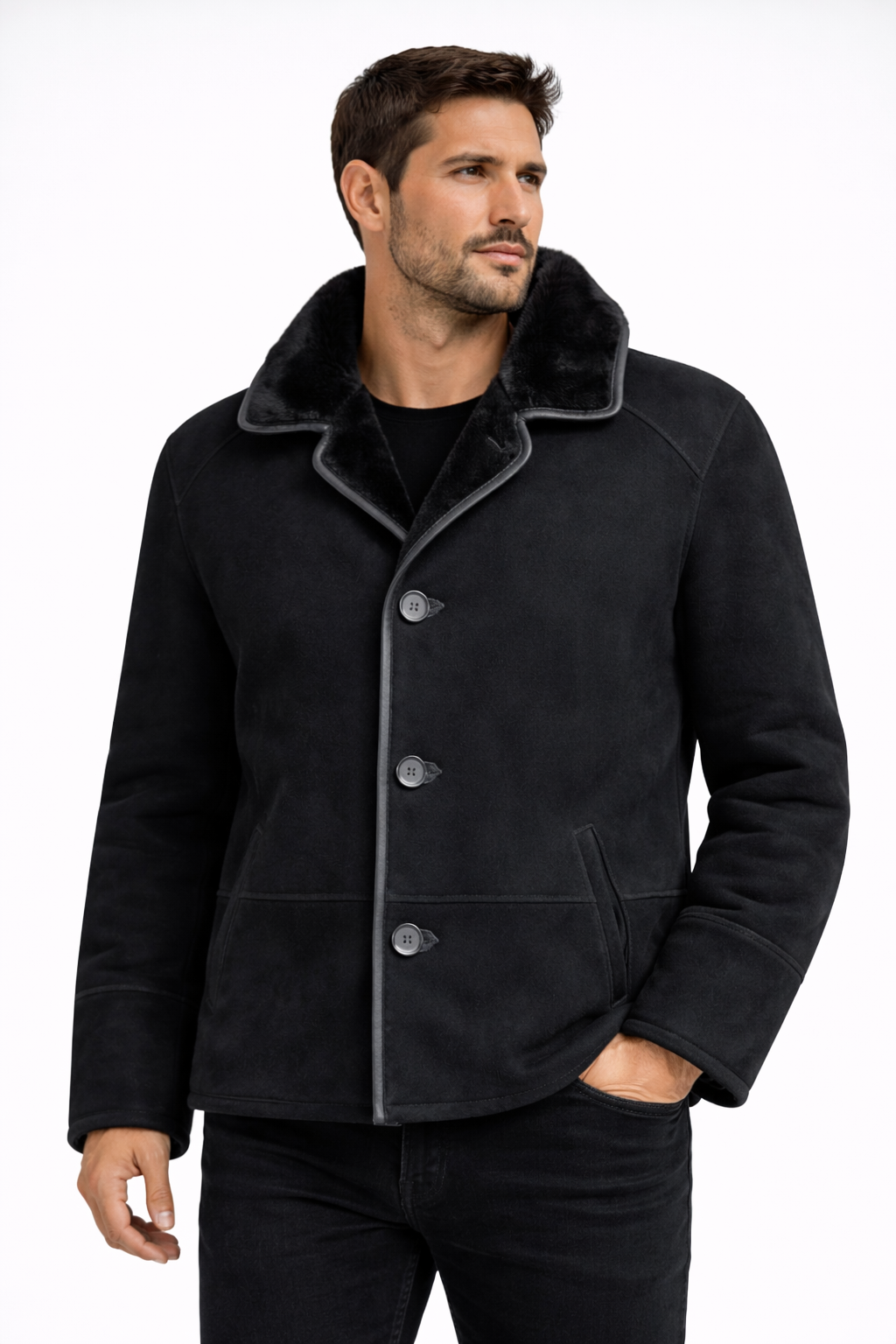 Black Fur Leather Jacket for Men