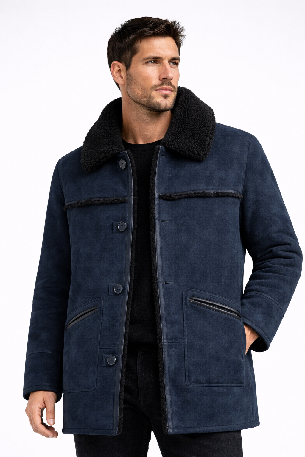 Navy Fur Leather Jacket for Men