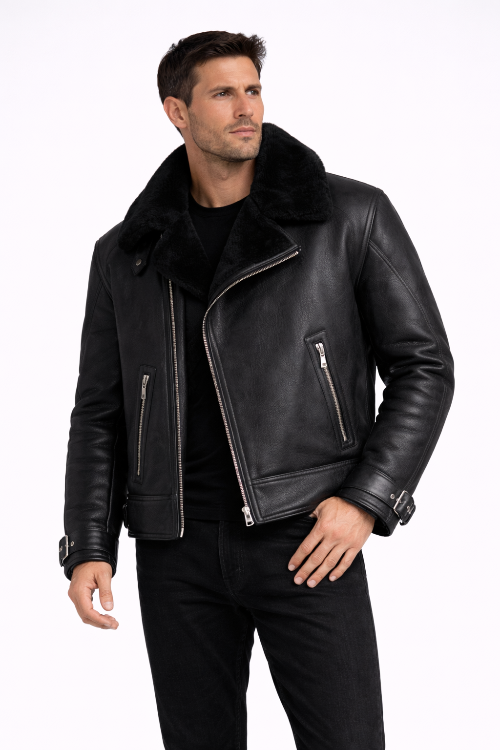 Lamb Leather Black Biker Jacket with Fur for Men