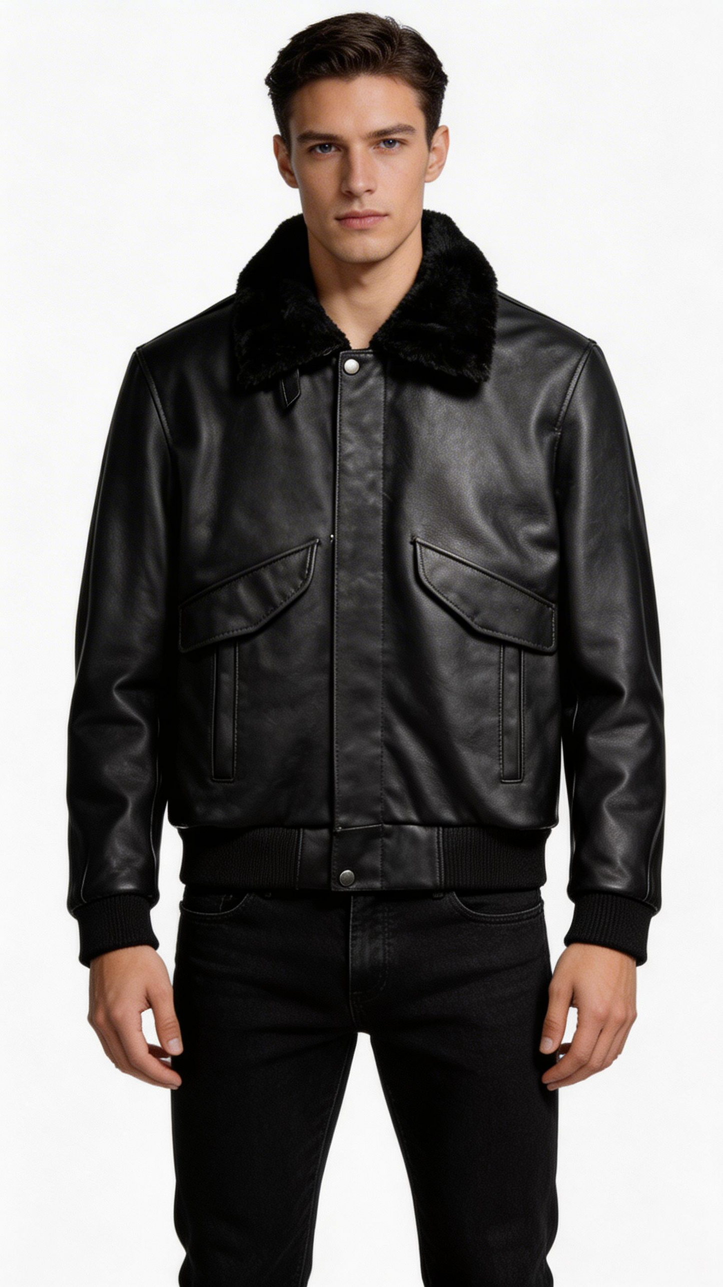 Lamb Leather with Fur Black Leather Jacket for Men
