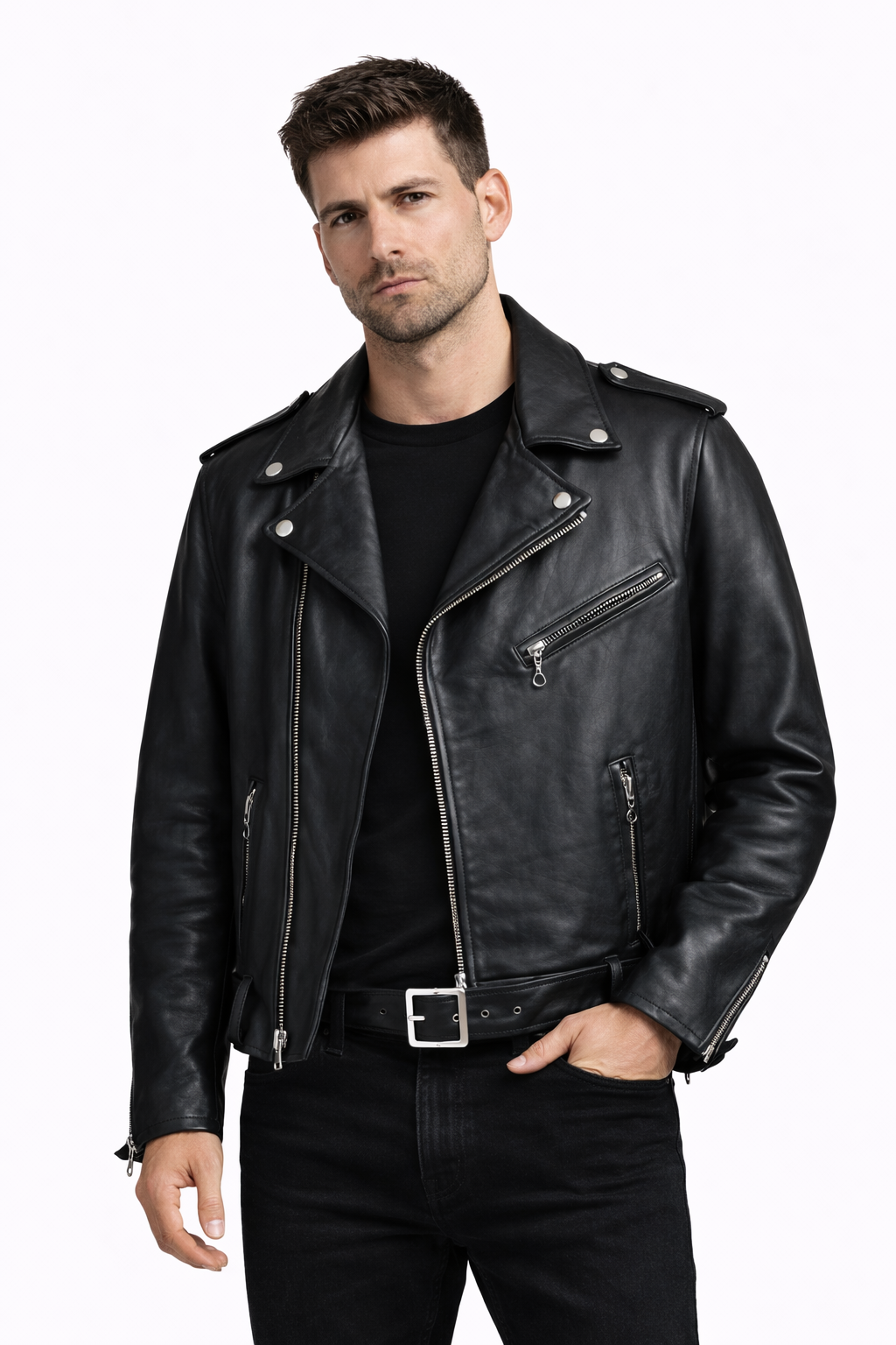 Lamb Leather Biker Black Leather Jacket for Men