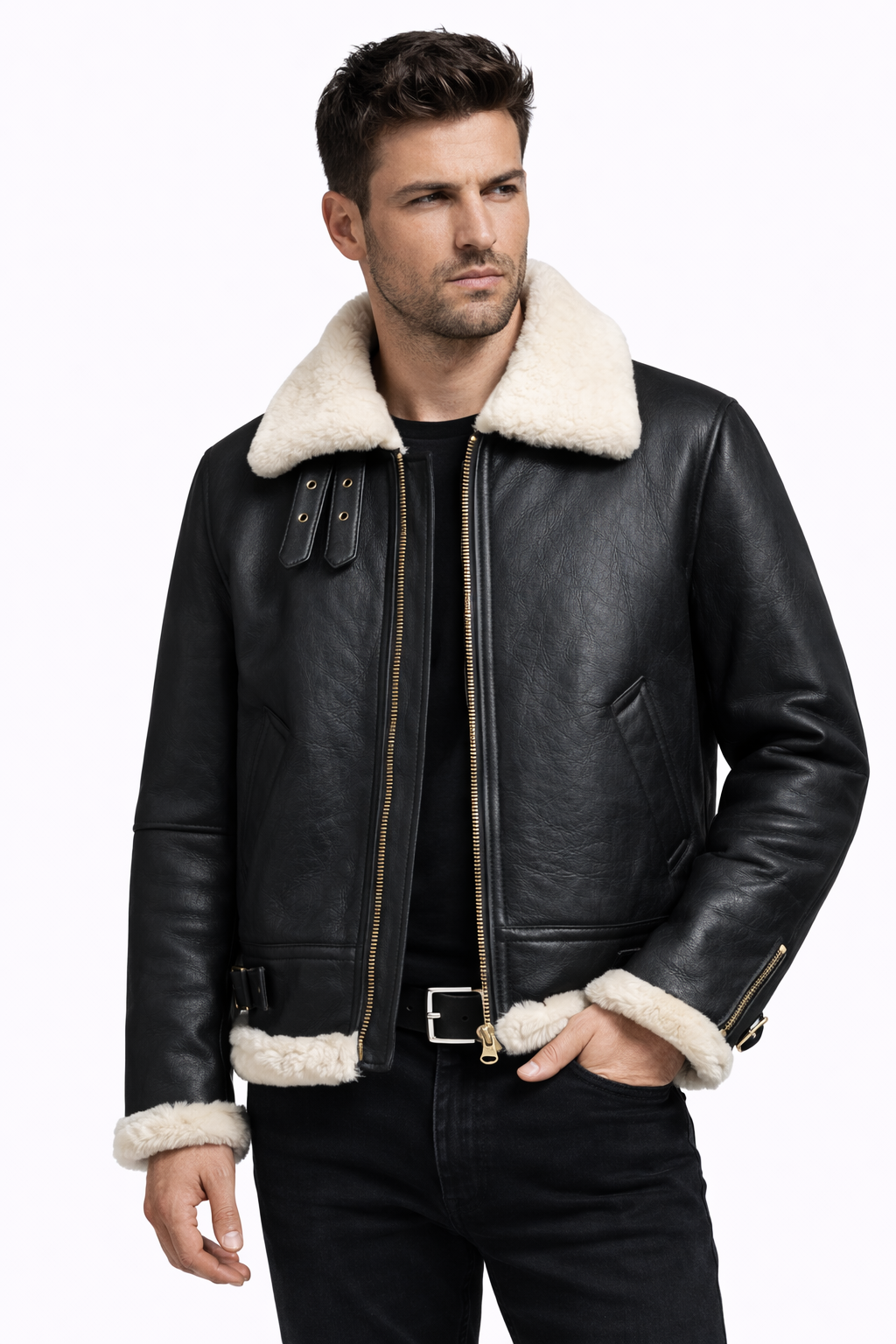 Fur Leather Black Leather Jacket for Men