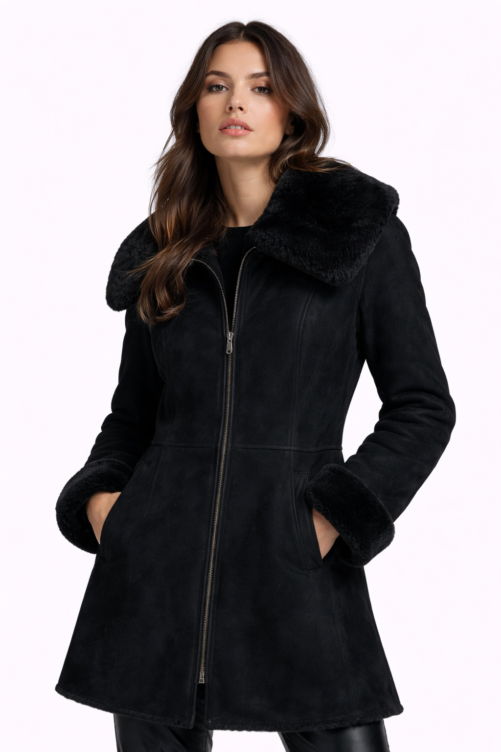 Fur Leather Black Coat Jacket for Women