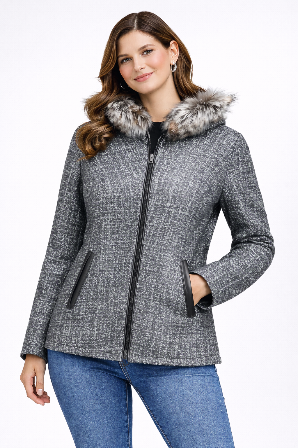 Women's Leather Jacket with Furry Lambskin and Digital Print