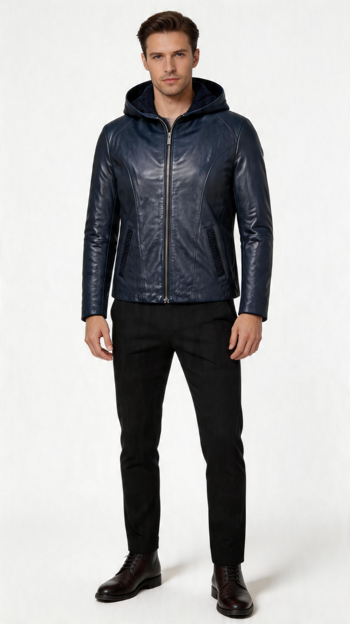 Lamb Leather Black Hooded Jacket for Men