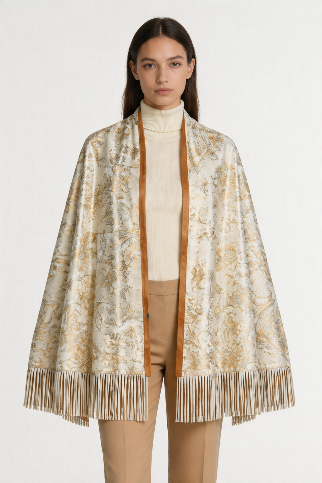 Lamb Leather Beige White Poncho for Women