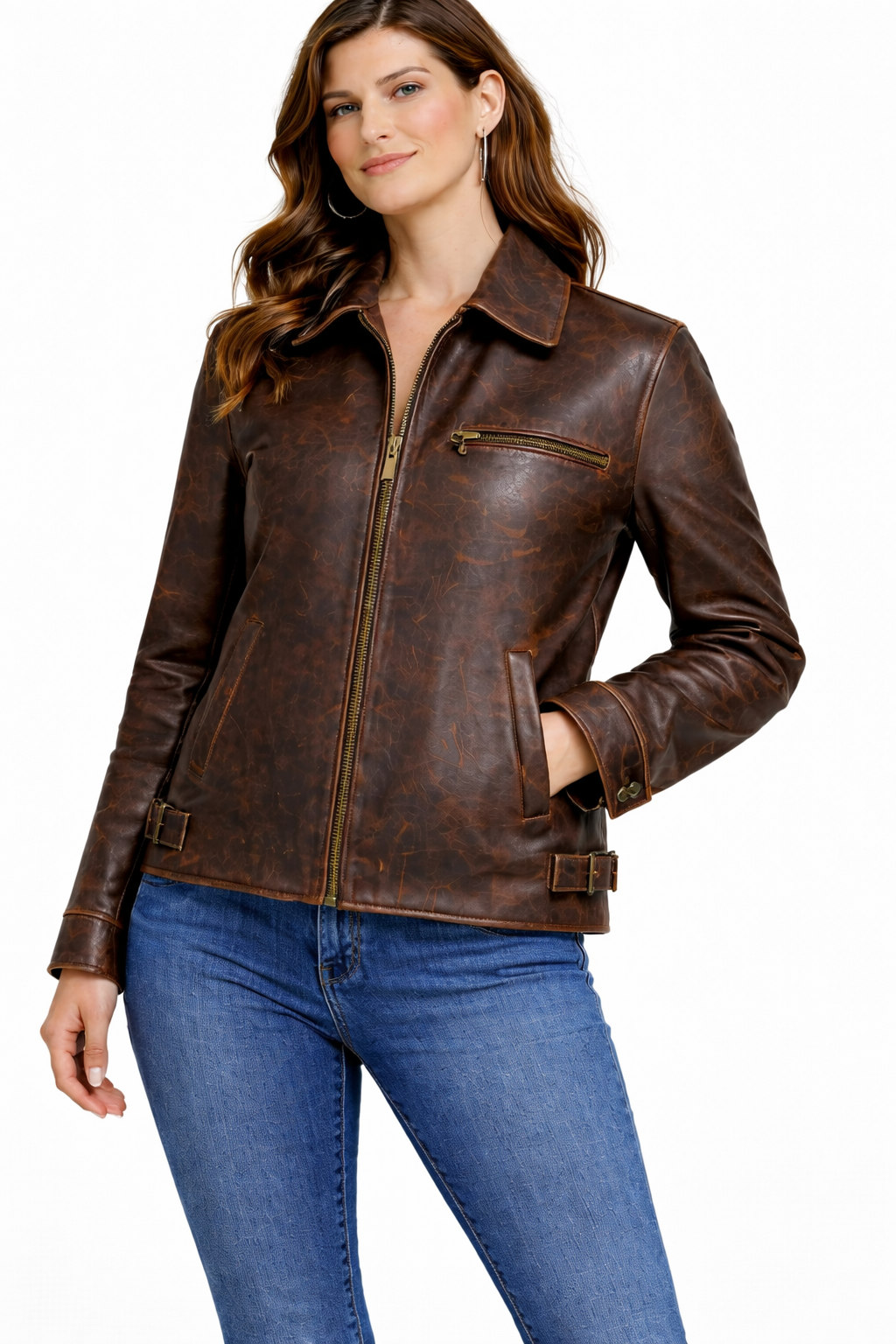 Patterned Dark Brown Lambskin Women Jacket