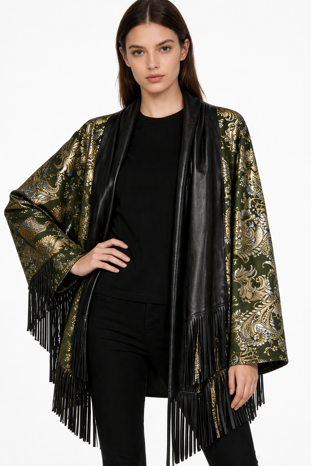 Lamb Leather Black Gold Poncho for Women