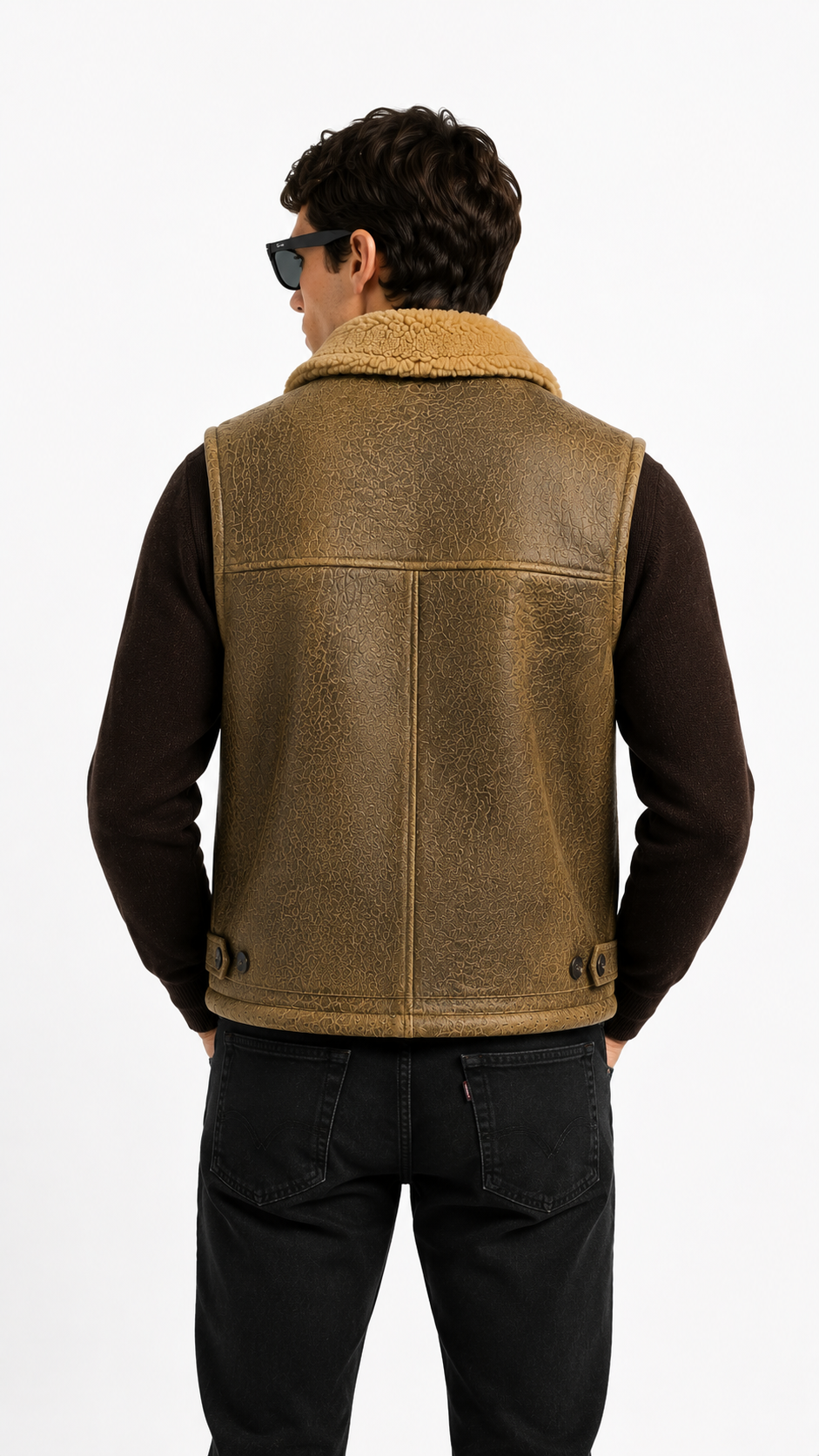 Khaki Brown Leather with Fur Waistcoat for Men