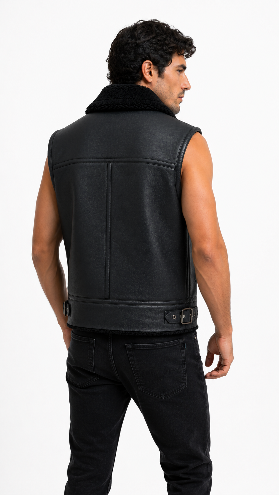 Black Leather and Fur Waistcoat for Men