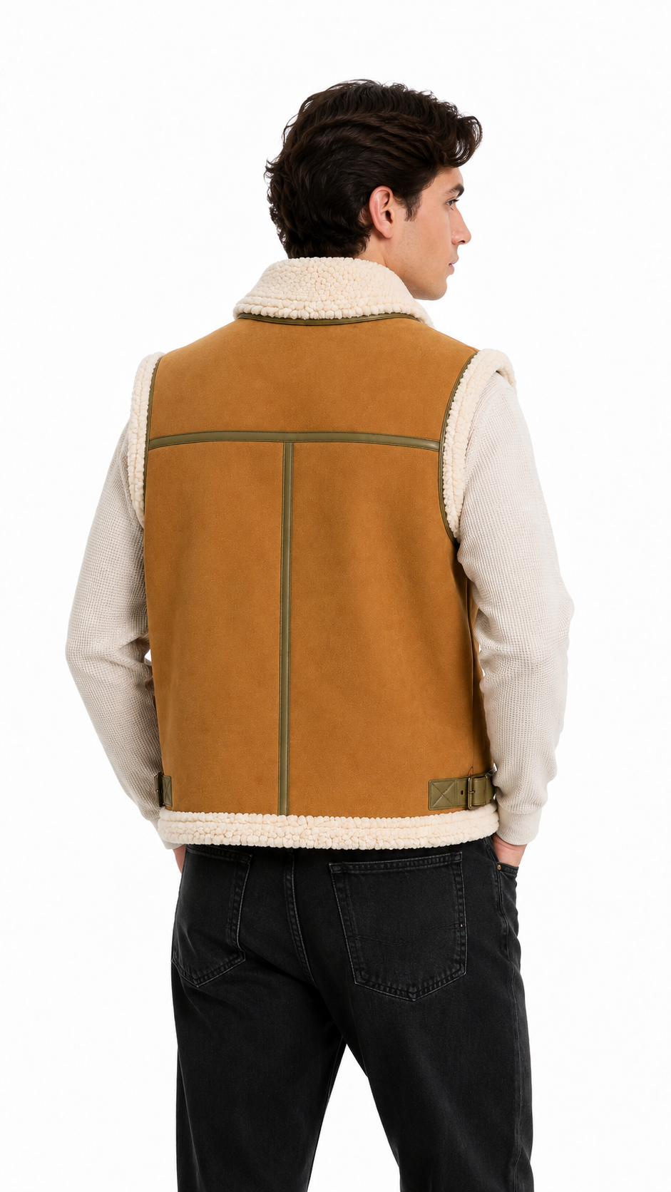 Light Brown White Lamb Fur and Leather Suede Waistcoat for Men