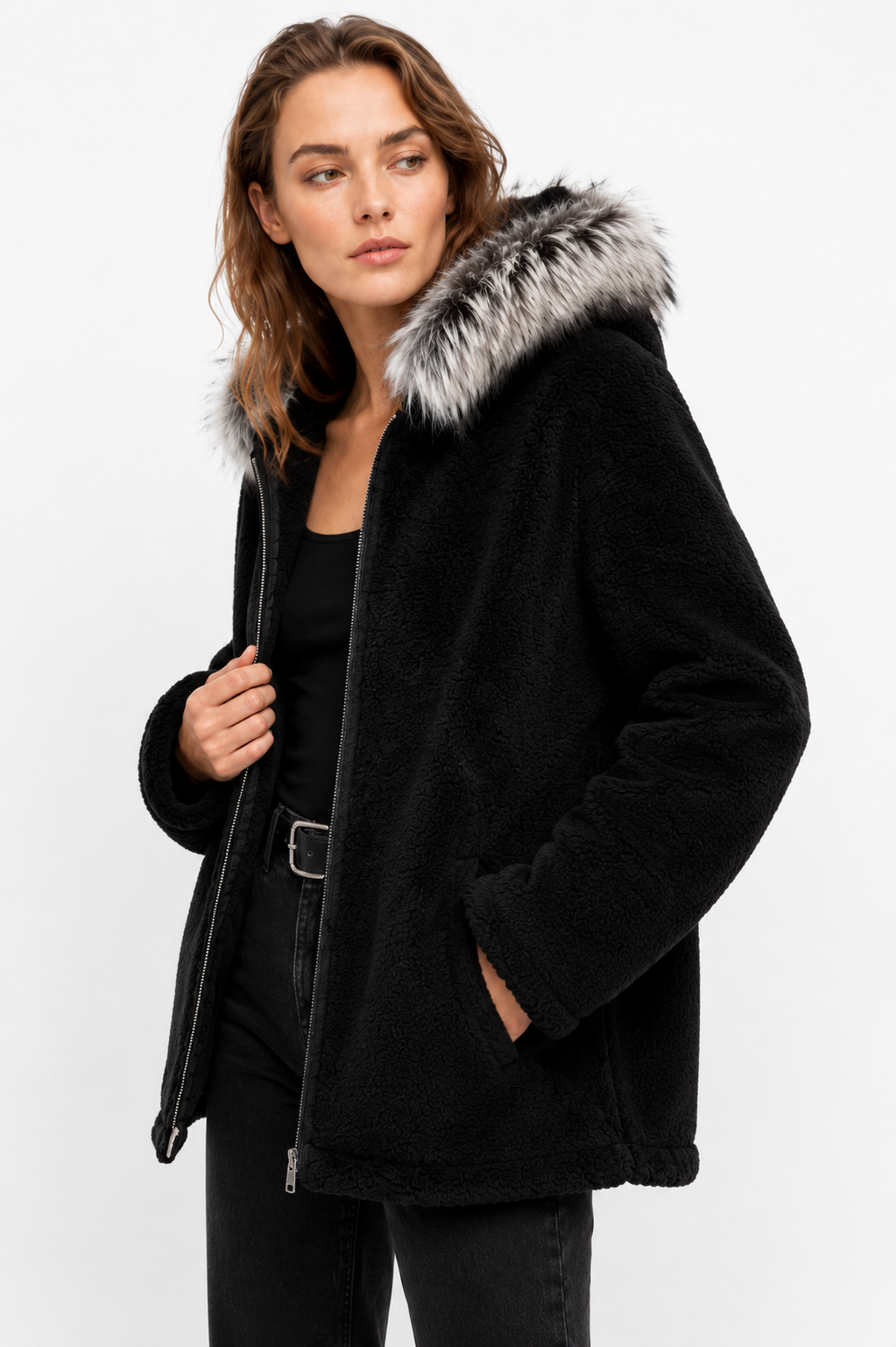 Reversible Black Leather Suede and Digital Printed Leather Hooded Jacket with Fur for Women