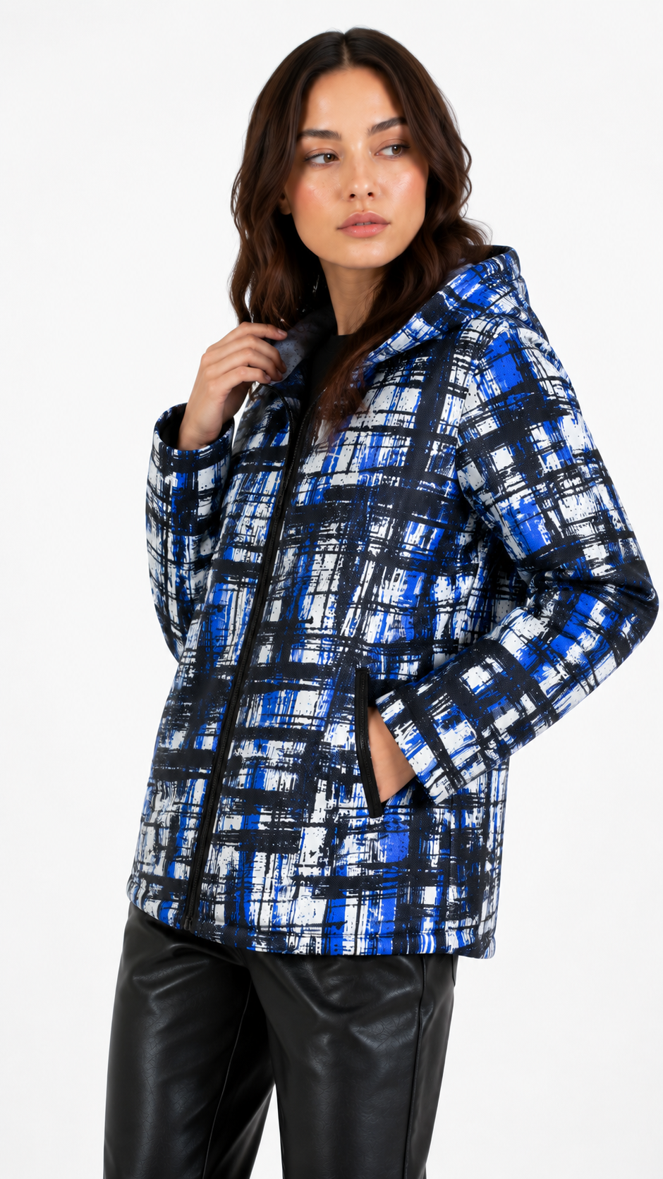 Reversible Digital Printed Leather Suede Hooded Jacket for Women