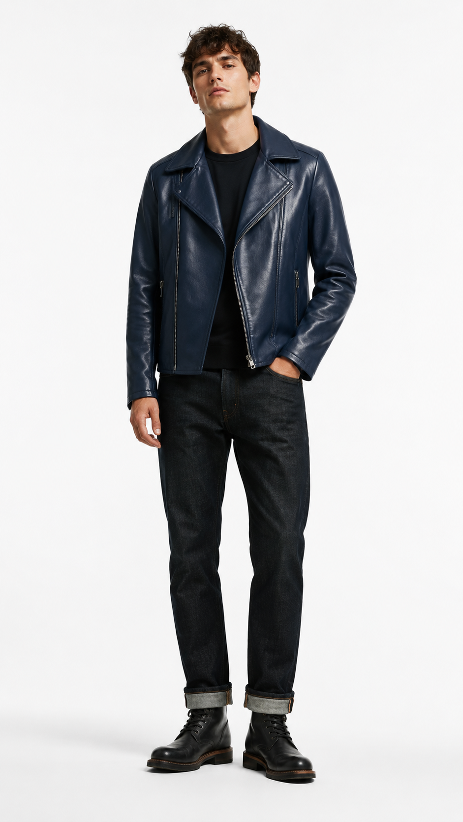 Navy Blue Leather Jacket for Men