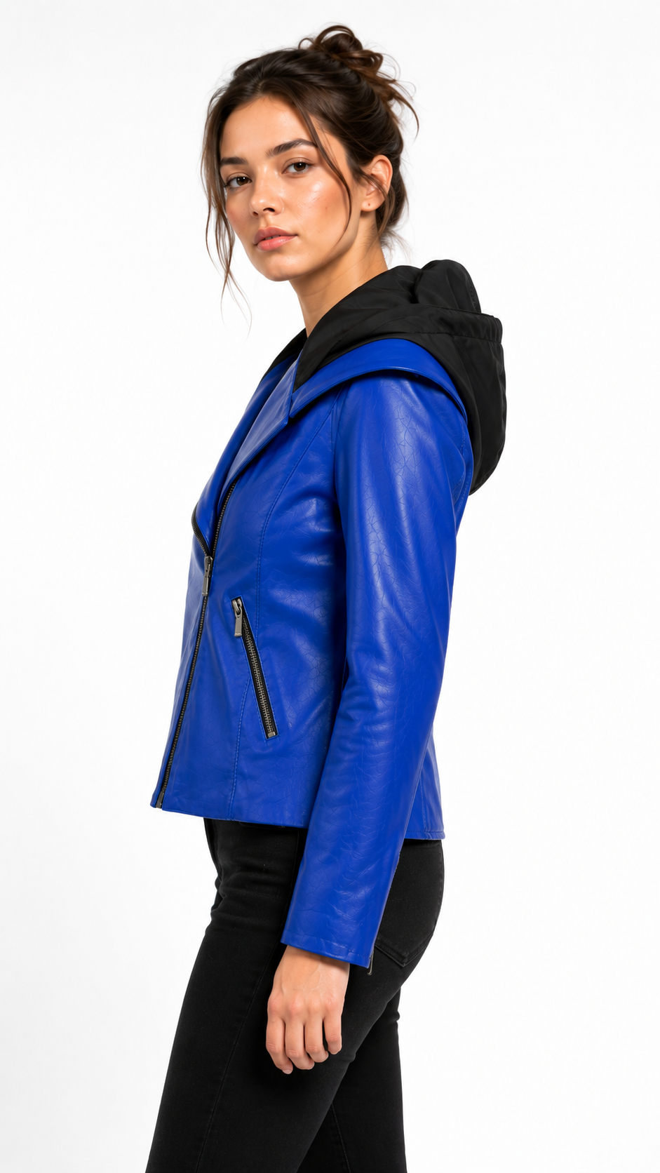Blue Lamb Leather Hooded Jacket for Women