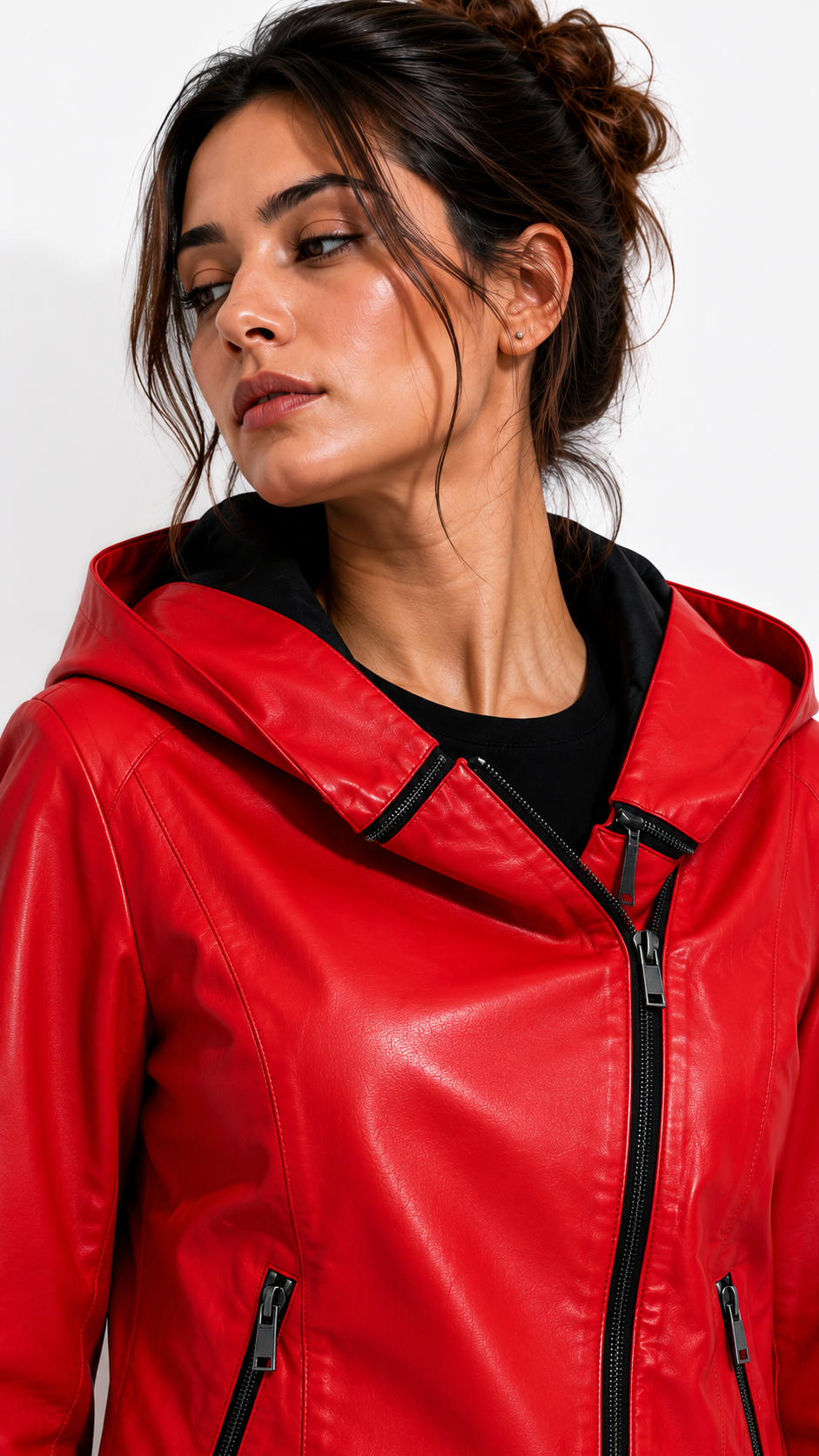 Red Lamb Leather Hooded Jacket for Women