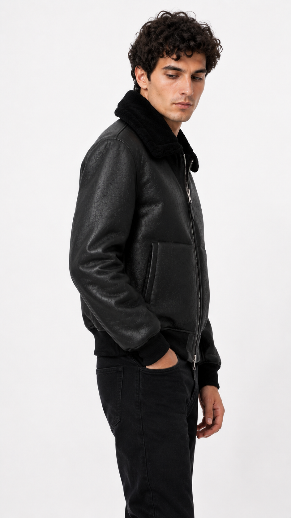 Lamb Fur Black Leather Jacket for Men
