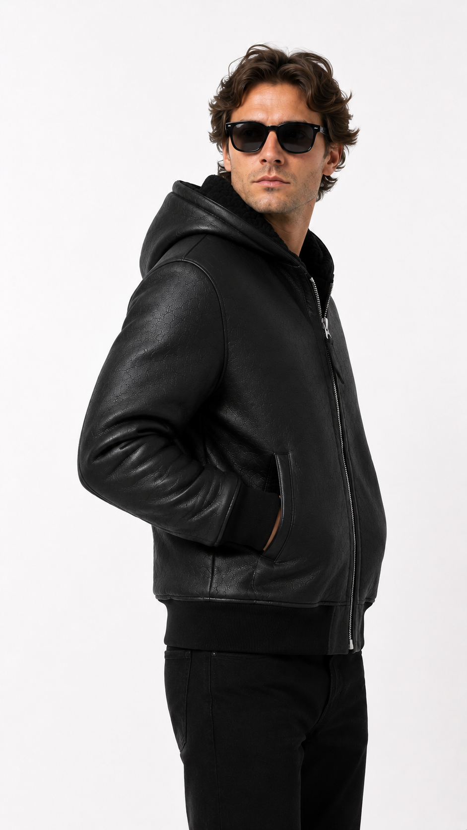 Lamb Leather Fur Black Hooded Jacket for Men