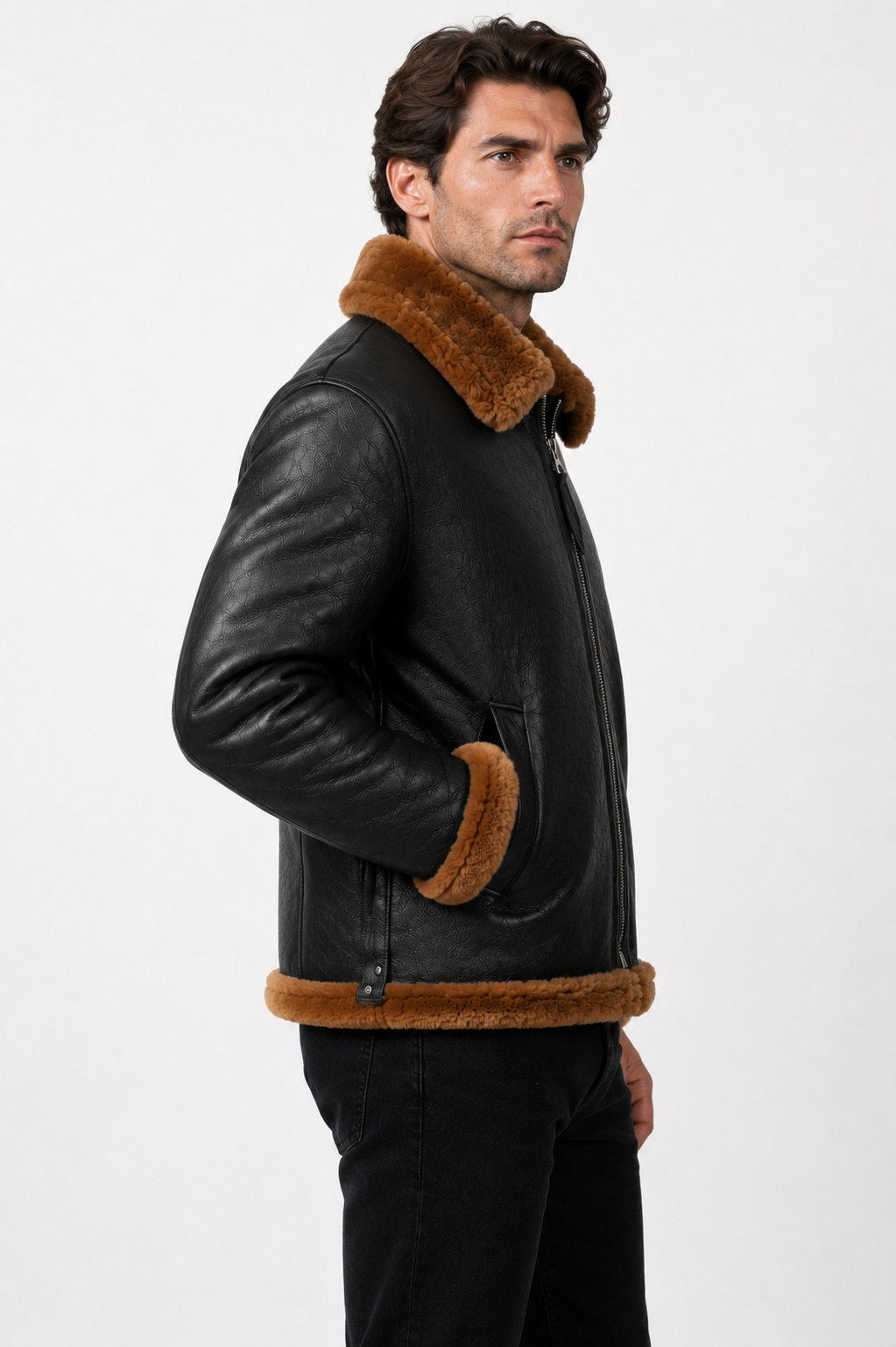 Lamb Leather Fur Black Jacket for Men