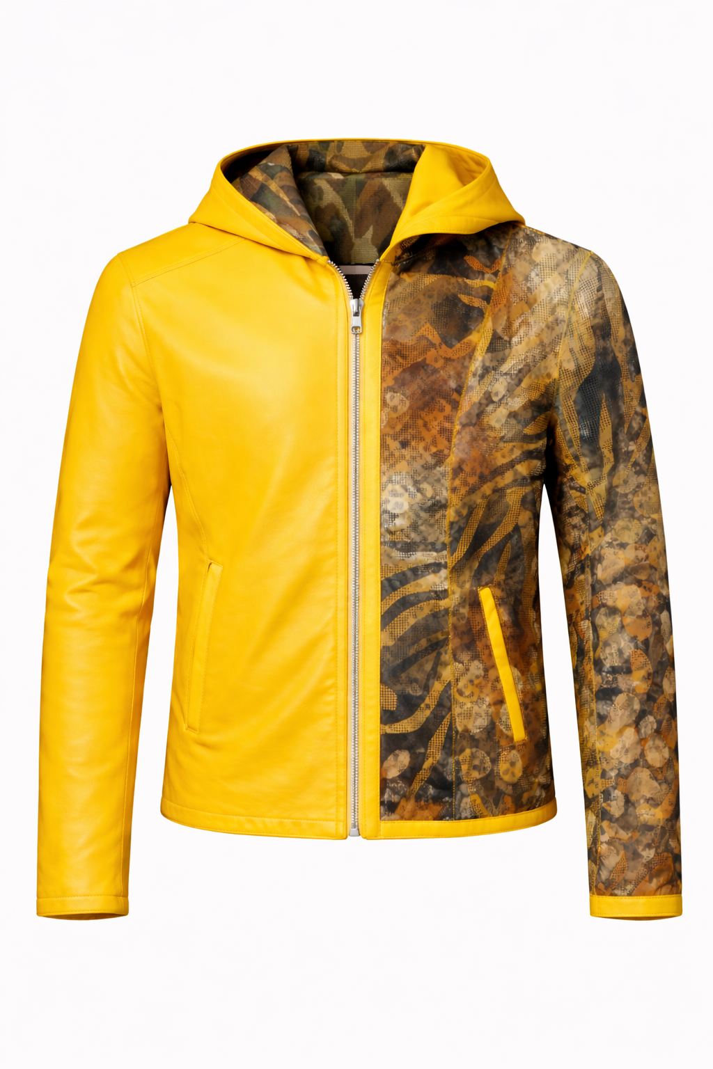 Lamb Leather Reversible Yellow Leather Hooded Jacket for Women