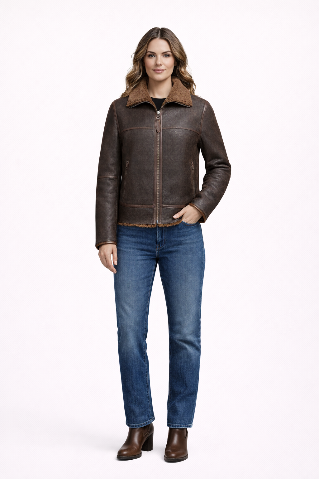 Brown Lamb Fur Leather Jacket for Women