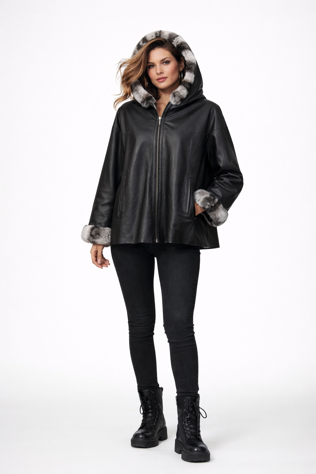 Lamb Leather Black Leather Jacket With Rex Fur for Women